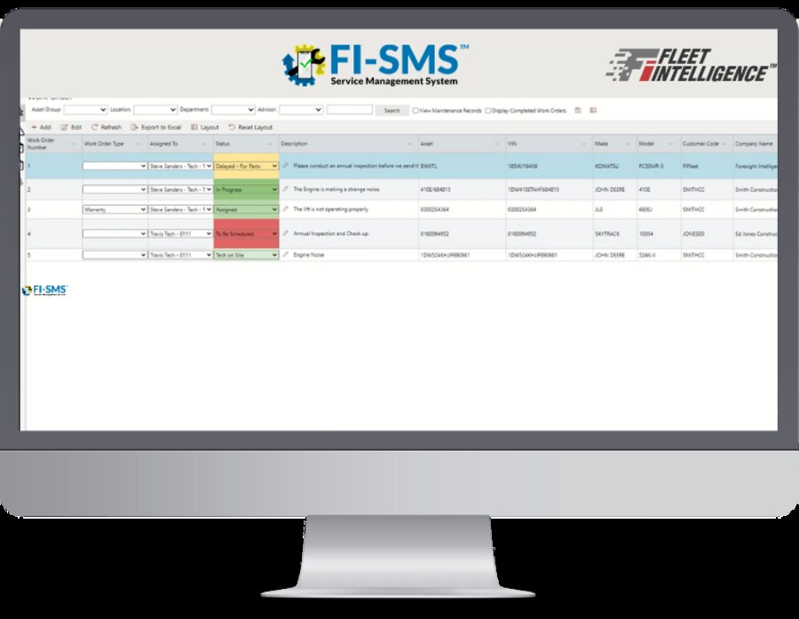 FI-SMS Service Management System work order dashboard on a desktop monitor — five active work orders across multiple companies with status indicators (Delayed - For Parts, In Progress, Assigned, To Be Scheduled, Tech on Site), each with assigned technician, work order type, asset, VIN, and customer code columns.