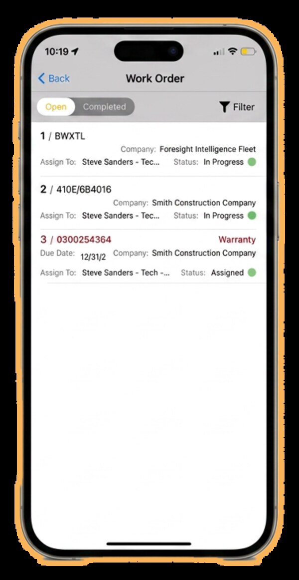 FI-SMS mobile work order view on iPhone — Open vs Completed tabs, three live work orders showing company name, assigned technician, status indicators, and a warranty-flagged ticket with a due date.