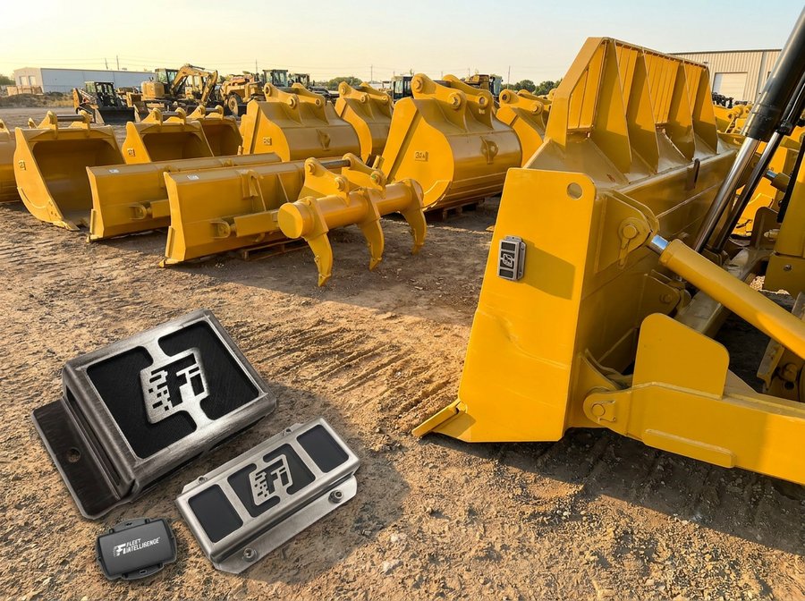 Yellow heavy-equipment attachments — excavator and loader buckets arranged in rows on a dirt yard, with two Mini T.A.C. mounting housings and a tracking device displayed in the foreground.