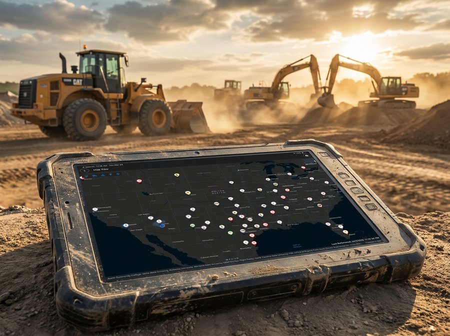Rugged tablet displaying Fleet Intelligence US-wide fleet map, sitting on dirt at a sunset construction site with a CAT wheel loader and excavators kicking up dust in the background.