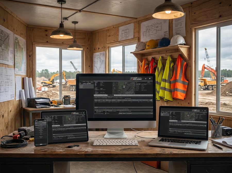Construction site office interior — wooden desk with monitor, laptop, tablet, and phone all displaying Fleet Intelligence dashboards, hard hats and high-visibility vests on a shelf, with windows revealing excavators, dump trucks, and cranes on the active jobsite outside.