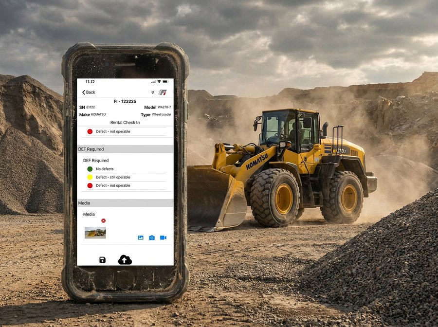 Rugged smartphone displaying the Fleet Intelligence Rental Check-In screen for a Komatsu WA270-7 wheel loader, with DEF Required defect status options and media upload — set against a working quarry where a yellow Komatsu wheel loader kicks up dust beside aggregate piles.