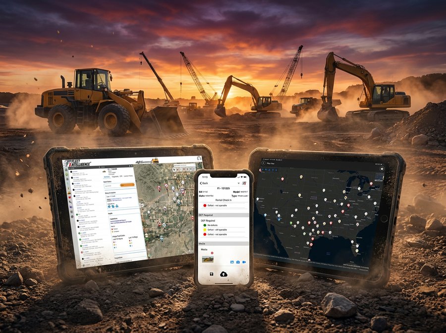 Fleet Intelligence platform — heavy equipment fleet at a sunset jobsite with rugged tablet, smartphone, and second tablet displaying live tracking, rental check-in, and a US-wide fleet map.