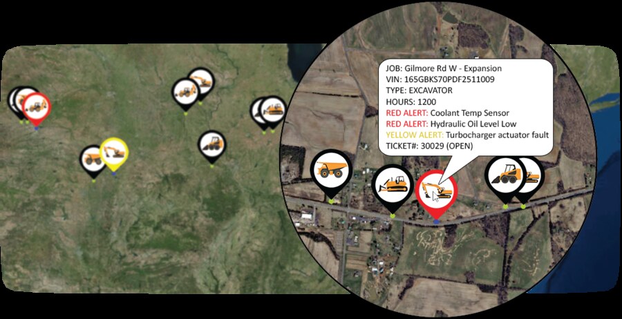 IATC fleet map view — equipment icons pinned across an aerial map with severity-colored markers, and a popup showing job, VIN, machine type, hours, two red alerts (coolant temp sensor, hydraulic oil level low), one yellow alert (turbocharger actuator fault), and open ticket number 30029.