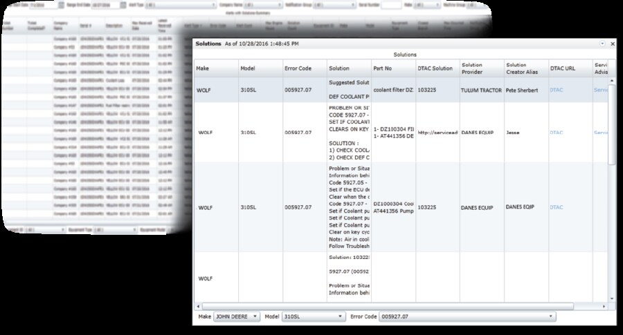 IATC shared solutions knowledgebase — a queryable table of prior fixes indexed by Make, Model, and Error Code, with the documented solution, part numbers, DTAC reference, solution provider, and the technician who created each entry.