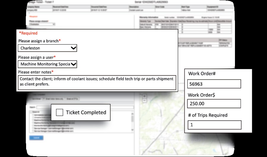 IATC ticket assignment view — a 'Required' assignment form with branch (Charleston), assigned user (Machine Monitoring Specialist), and field notes ('Contact the client; inform of coolant issues; schedule field tech trip or parts shipment'), alongside work order metadata (Work Order #56963, $250.00, 1 trip required) and a Ticket Completed checkbox.