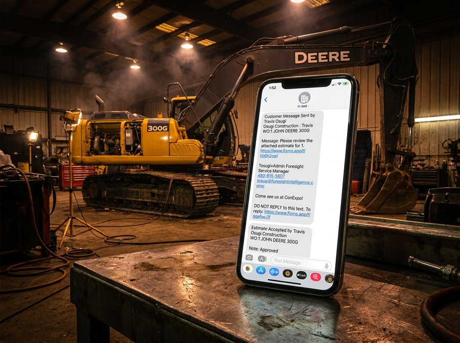 Smartphone on a metal workbench in an industrial repair shop, displaying a text-message conversation about a John Deere 300G excavator service — customer message from Travis Osugi, contact info for the Foresight Service Manager, and an 'Estimate Accepted' notification — with the John Deere 300G excavator visible in the background.