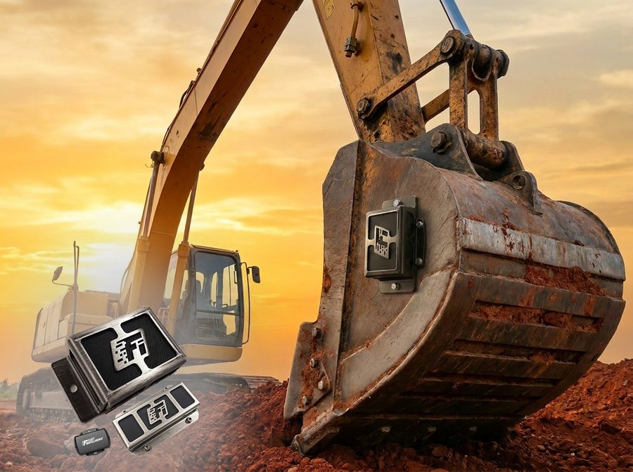 Yellow excavator's mud-covered bucket against a dramatic orange sunset sky, with a rugged Mini T.A.C. tracking device attached. Inset product shots of the tracking devices in the lower-left corner.