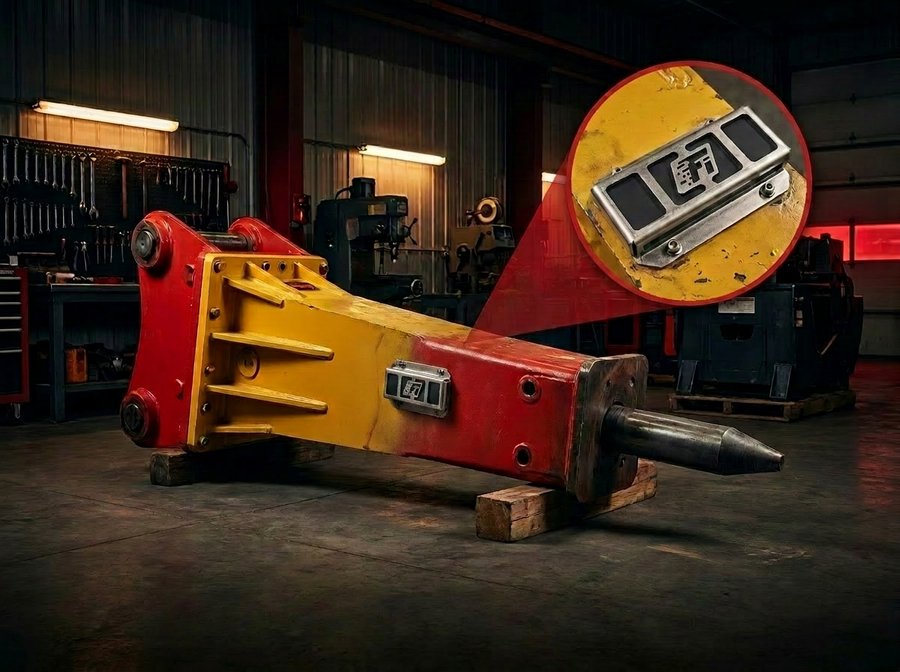 Large hydraulic breaker attachment with a two-tone red and yellow paint scheme and pointed chisel tip, resting on wooden blocks in an industrial workshop. A circular inset highlights a metallic nameplate. Tool racks and machinery in the background under industrial lighting.