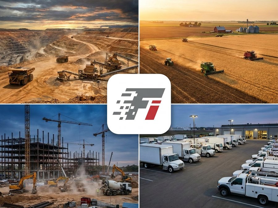 Four-panel collage with the Fleet Intelligence app icon at center: open-pit aggregate quarry with haul trucks, combine harvesters in golden wheat fields at sunset, a construction site with tower cranes and excavators, and a fleet of box trucks parked at a depot.